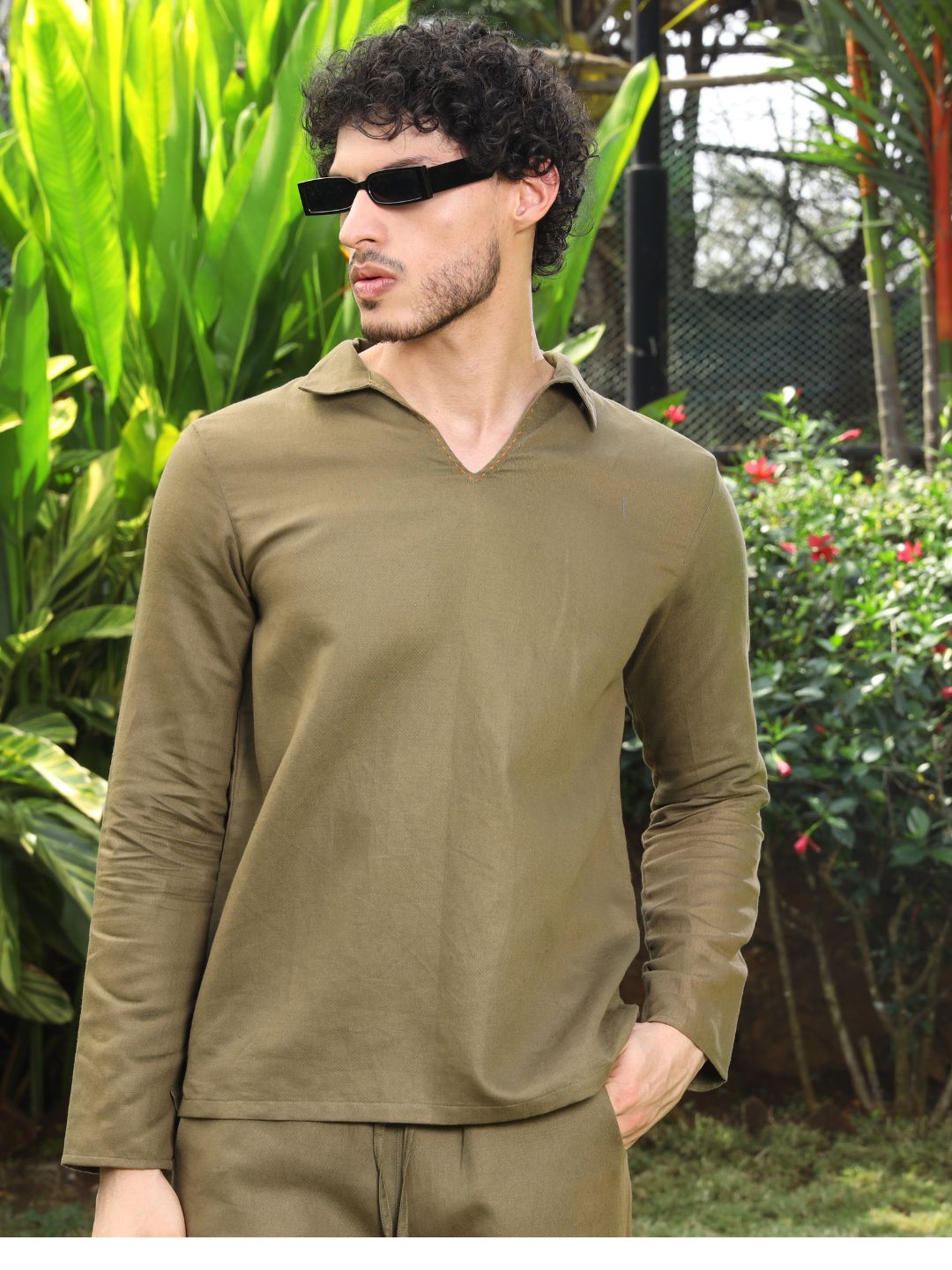 Roar For Good Men Light Green Open Collar Hemp Short Kurta