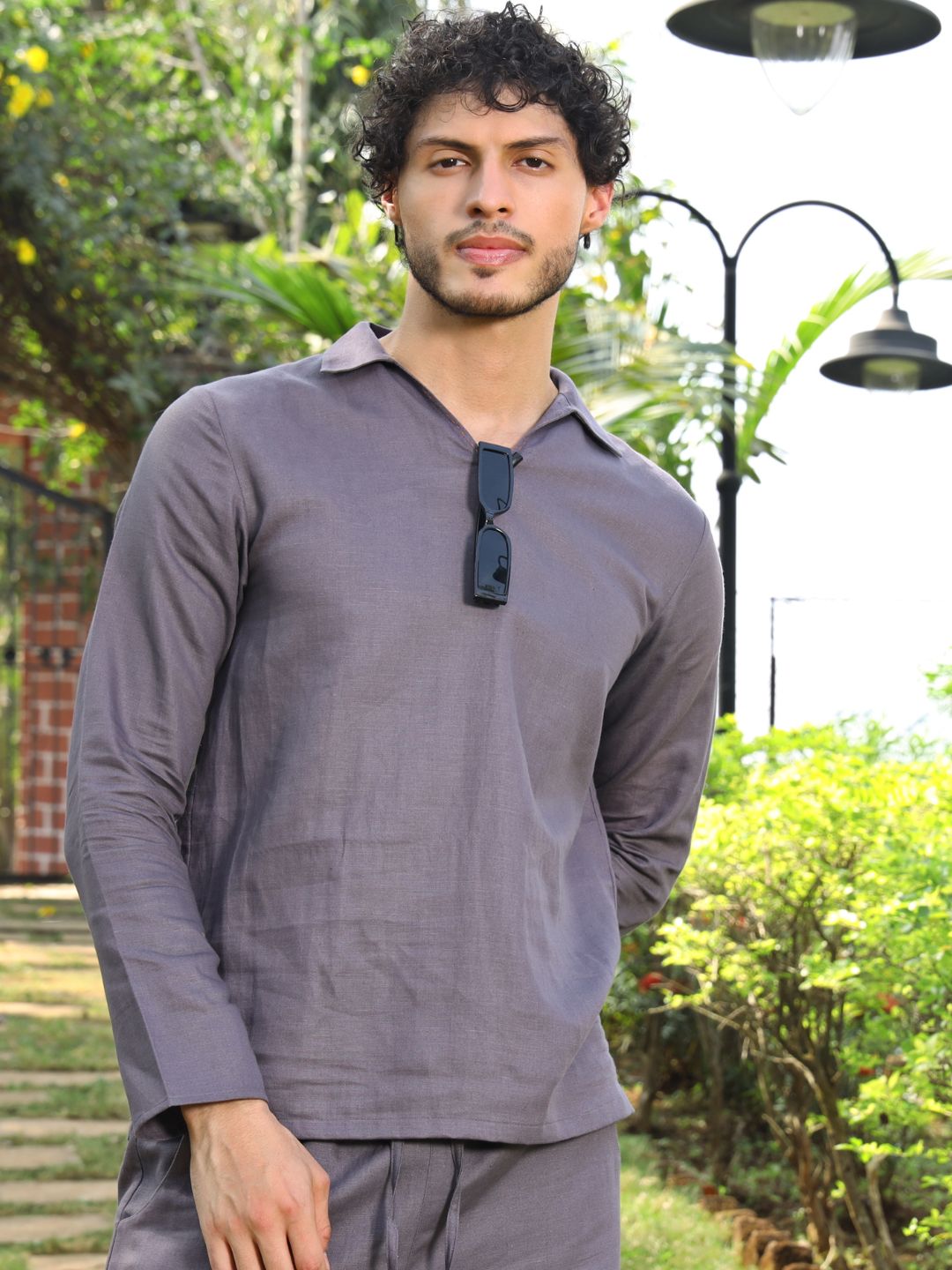 Roar For Good Men Grey Open Collar Hemp Short Kurta