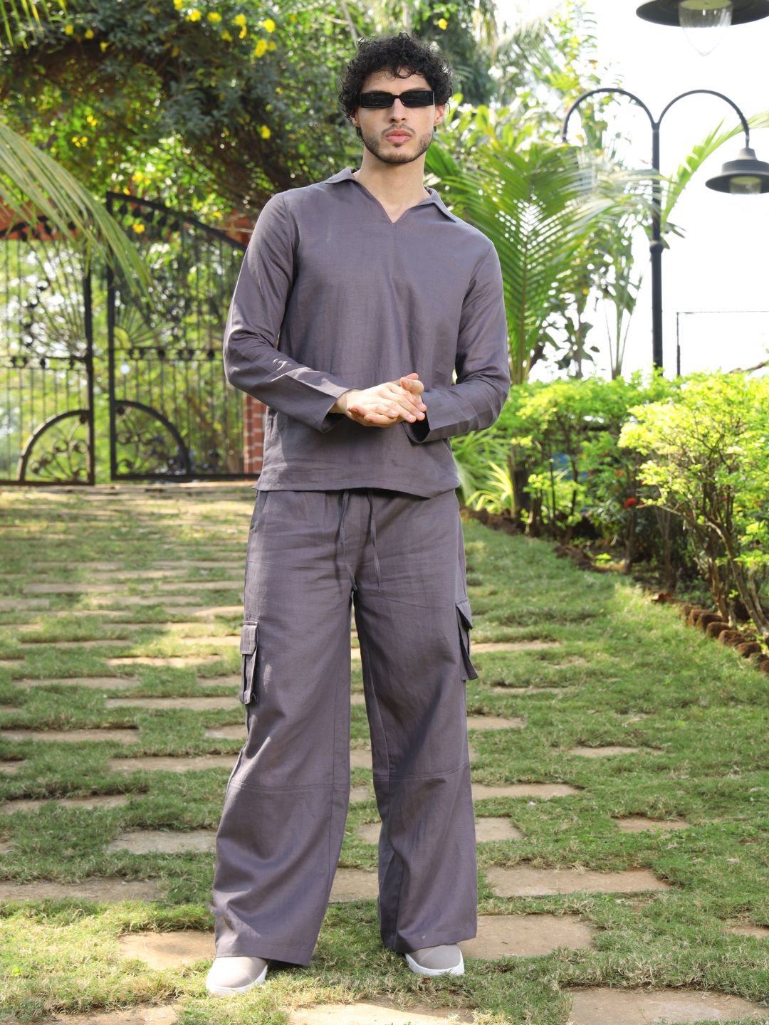 Roar For Good Men Grey Open Collar Hemp Short Kurta