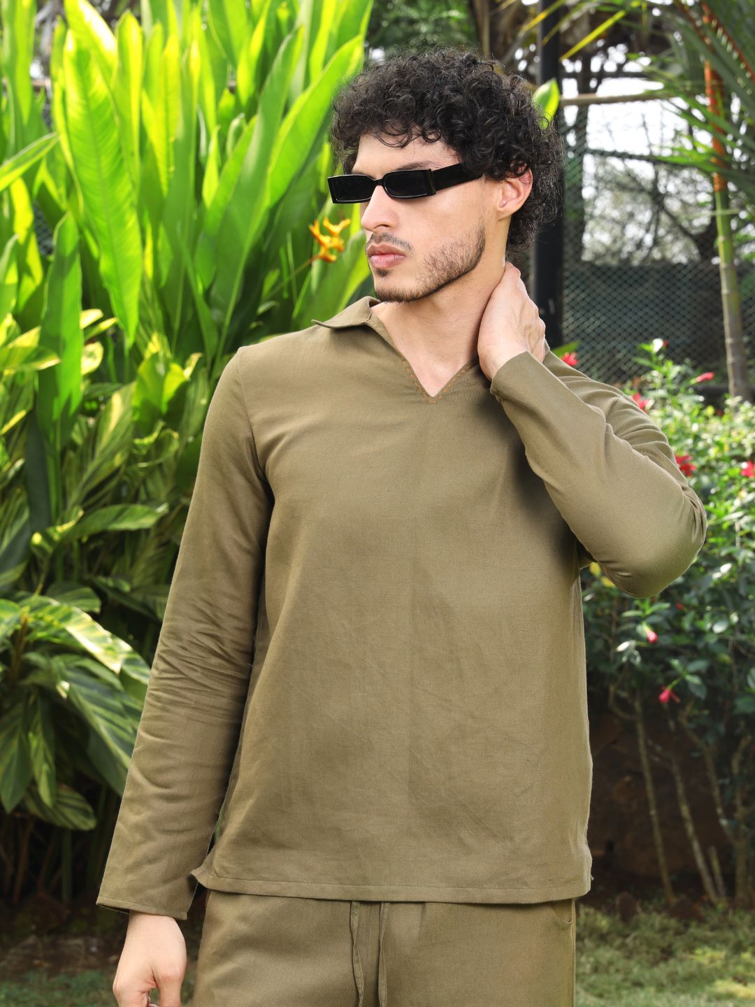 Roar For Good Men Light Green Open Collar Hemp Short Kurta