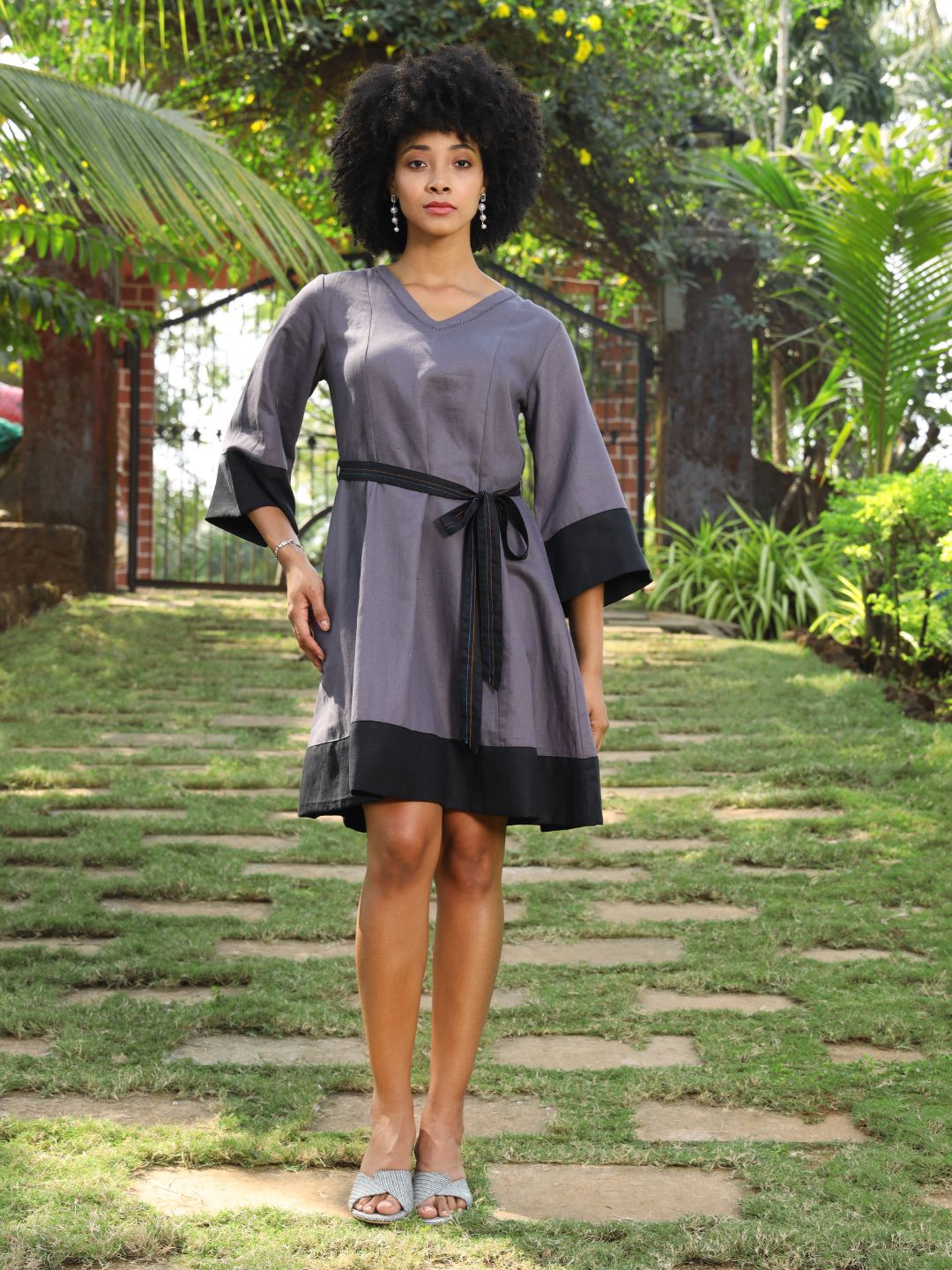 Hemp Papercrane Panelled Flared Dress with Optional Tie Belt