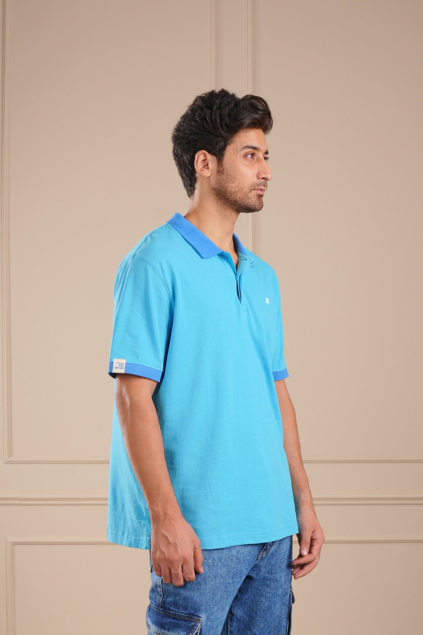 Roar Blue Organic Cotton Men's Polo T-Shirt with Twill Collar