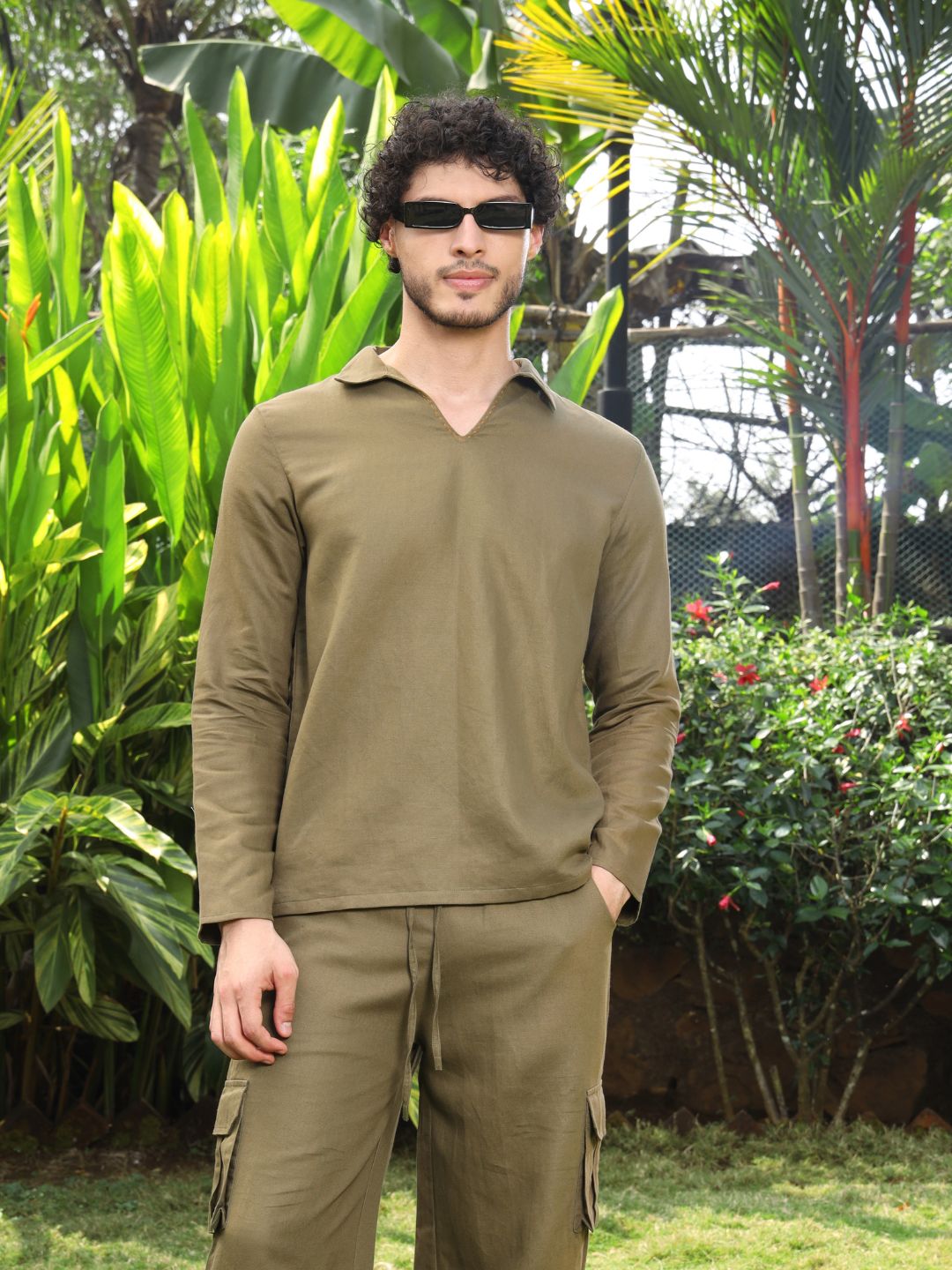 Roar For Good Men Light Green Open Collar Hemp Short Kurta