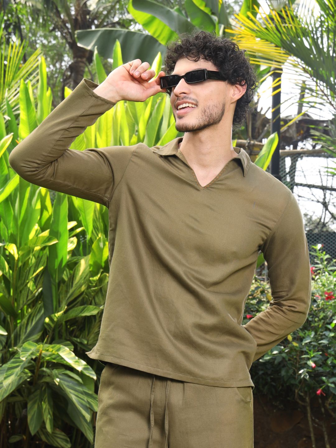 Roar For Good Men Light Green Open Collar Hemp Short Kurta