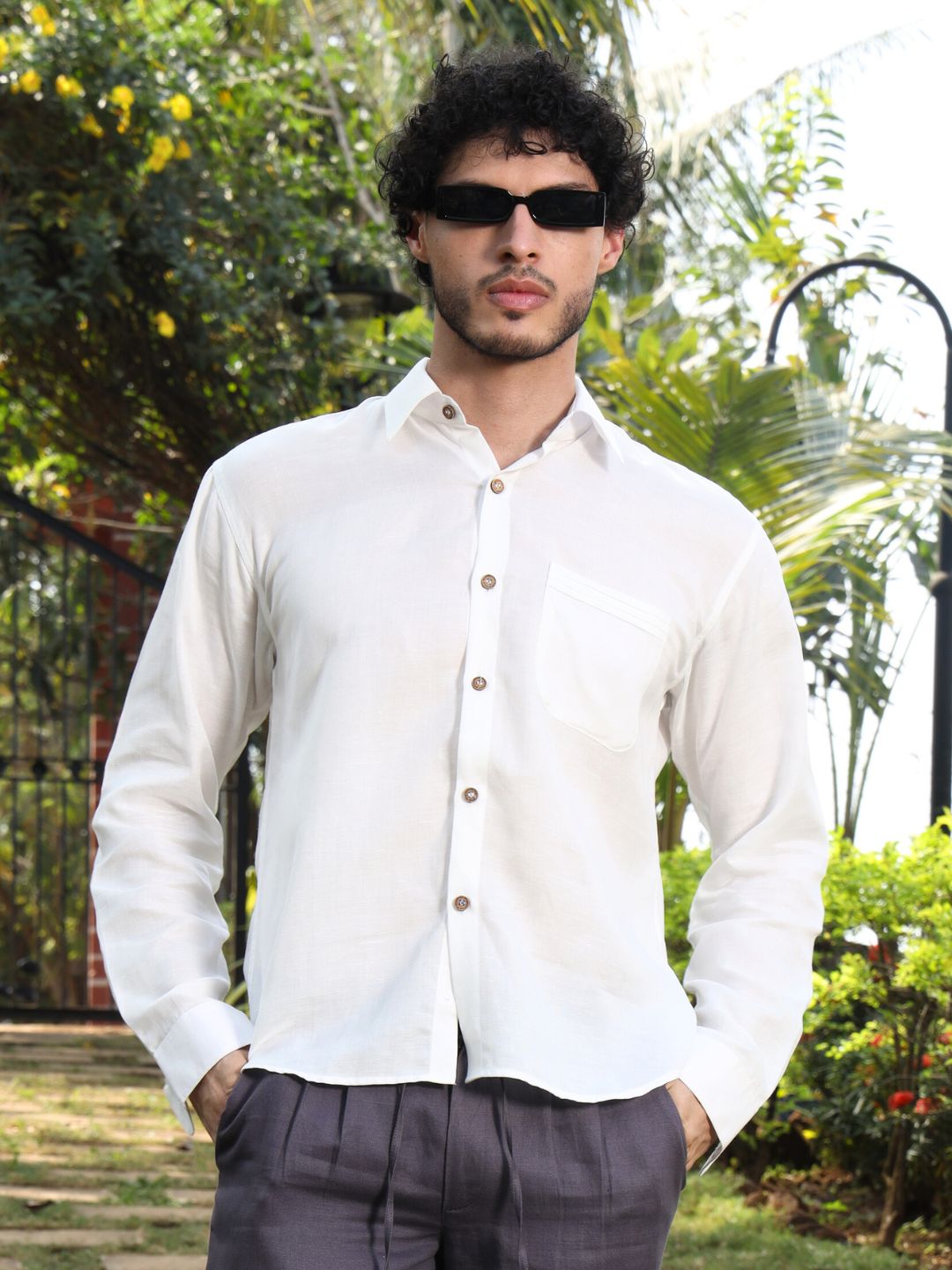 Hemp Full Sleeve Spread Collar Shirt with Pintuck Pocket & Coco Button