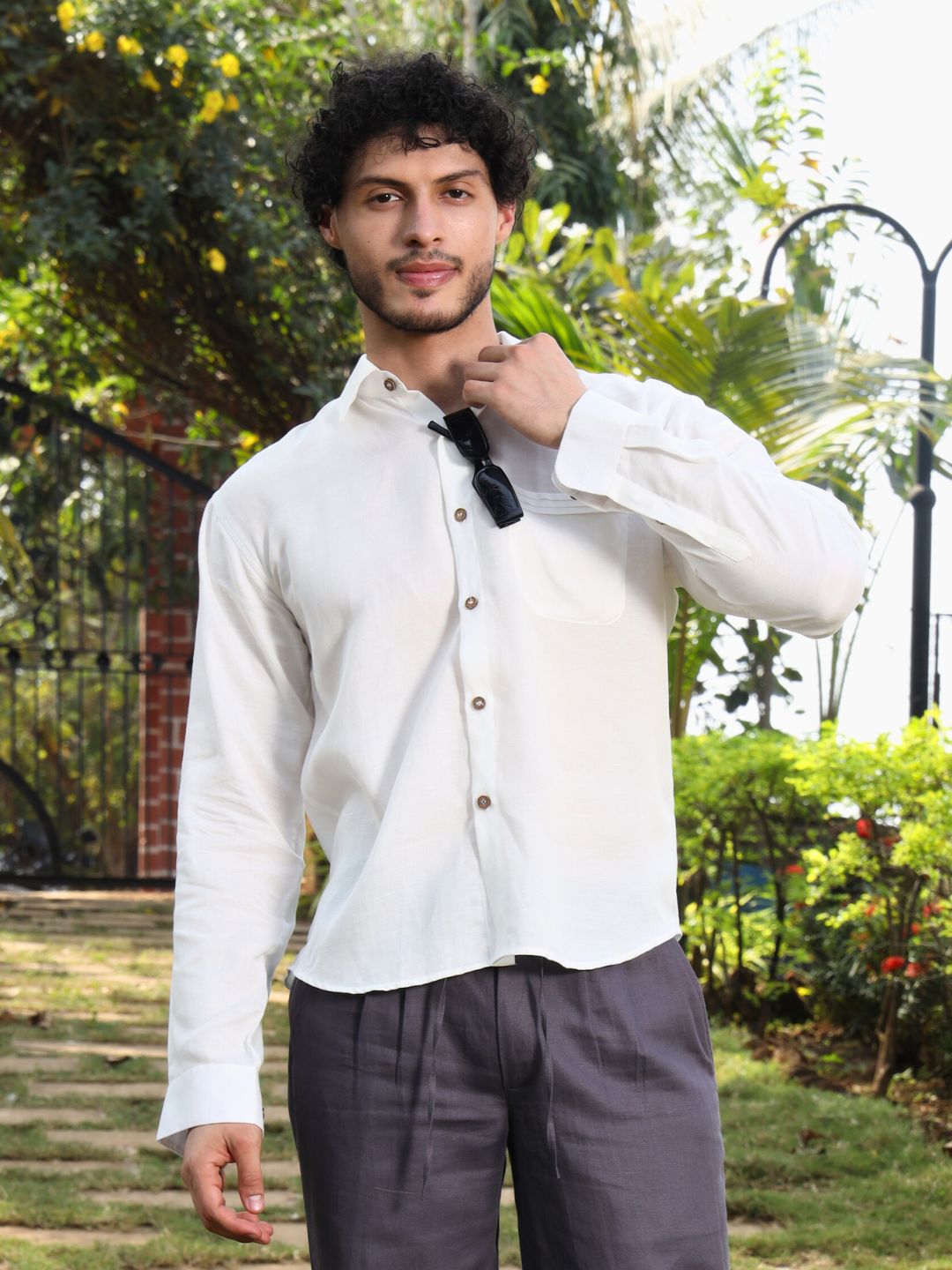 Hemp Full Sleeve Spread Collar Shirt with Pintuck Pocket & Coco Button